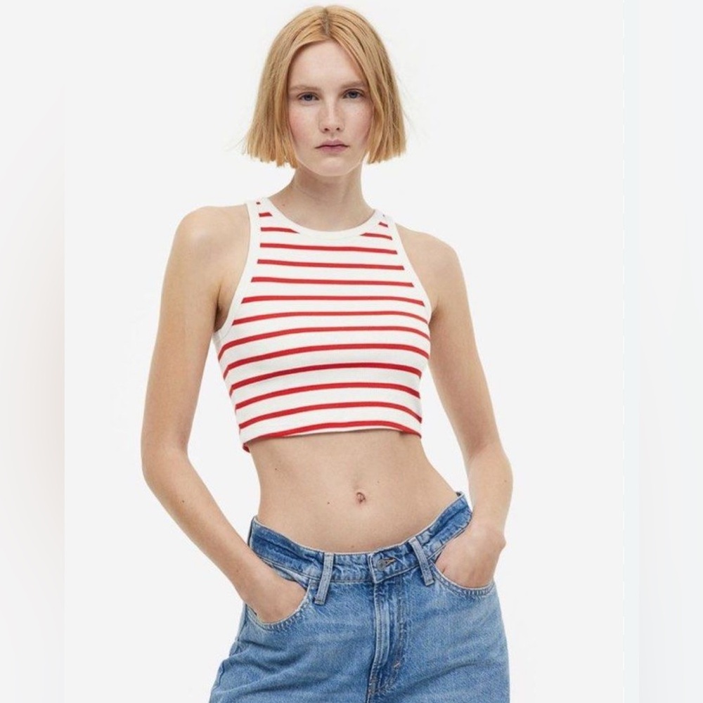 H&M Red and Off White Striped Crop Tank Top